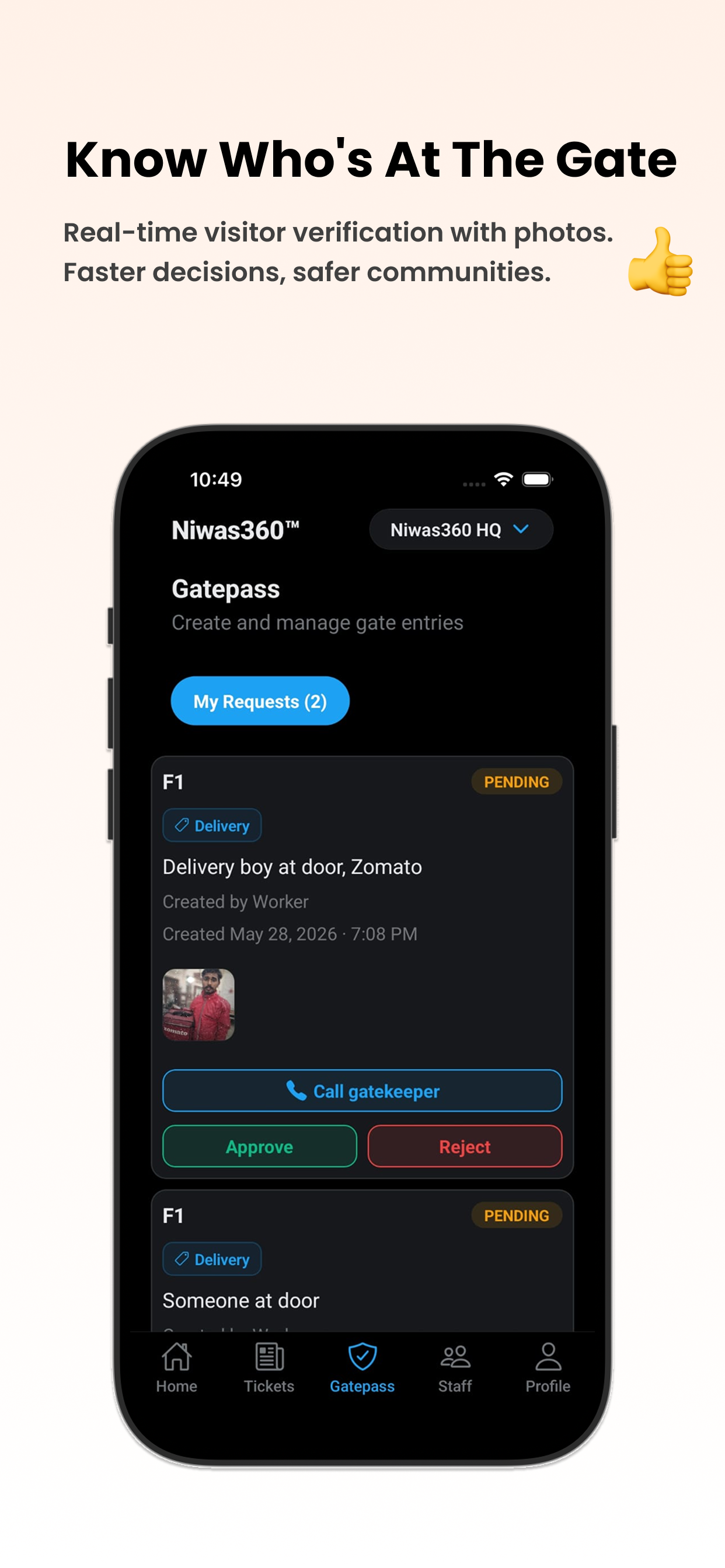 Niwas360 gate pass — approve or reject visitors from your phone